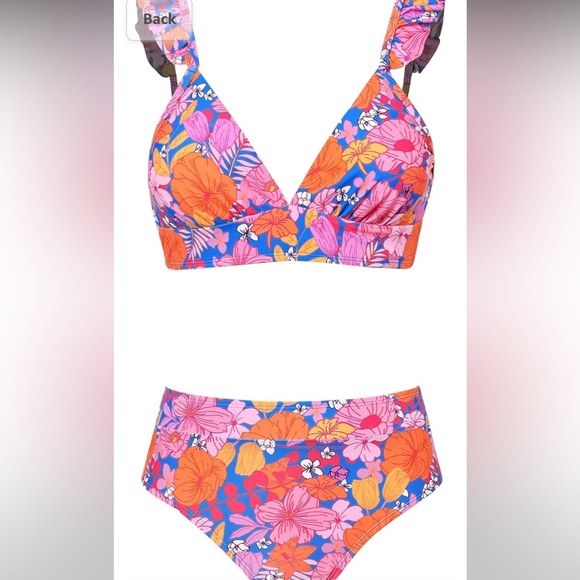 ~Bikini Sets 2 Piece Swimsuit High Waisted Bottom Floral Print Ruffle V Neck~ - Picture 8 of 9